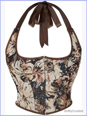 Vintage Floral Bustier Corset Top Halter Neck Lingerie Shapewear